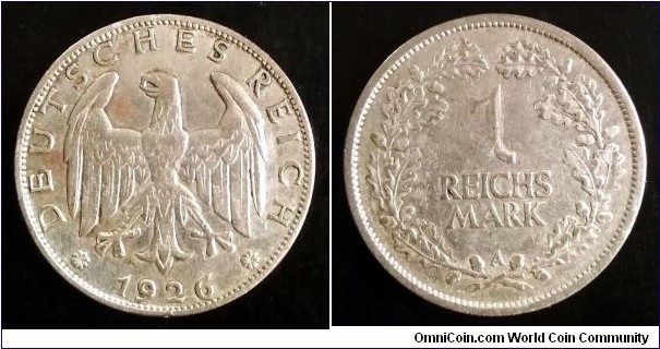 Germany (Weimar Republic) 1 reichsmark. 1926 A - Berlin. Ag 500. Weight; 5g. Diameter; 22,81mm.