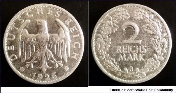 Germany (Weimar Republic) 2 reichsmark. 1926 G -  Karlsruhe. Ag 500. Weight; 10g. Diameter; 26mm.