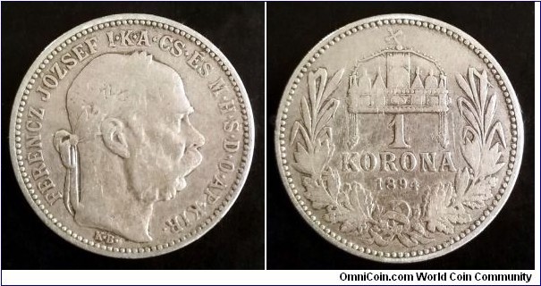 Austro-Hungarian Monarchy 1 korona. 1894, Franz Joseph I. Hungary. Ag 835. Weight; 5g. Diameter; 23mm.