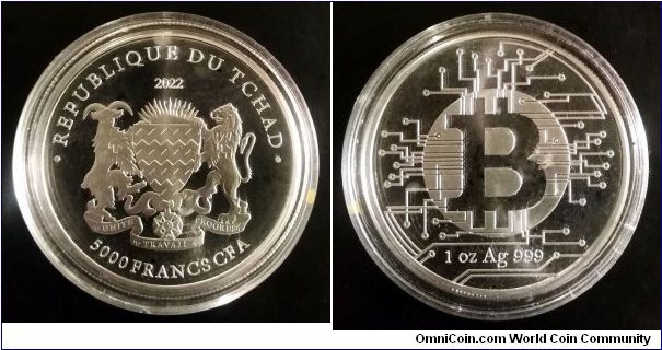 Chad 5000 francs.
2022, Bitcoin. Ag 999. Weight; 31,1g.
(1 oz)
