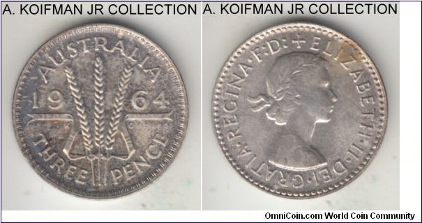 KM-57, 1964 Australia 3 pence, Melbourne mint (no mint mark); silver, reeded edge; Elizabeth II, last pre-decimal year, uncirculated and toned.