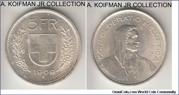 KM-40, 1969 Switzerland 5 francs, Bern mint (B mint mark); silver, raised lettered edge; last silver coinage, choice circulated, few toning spots.
