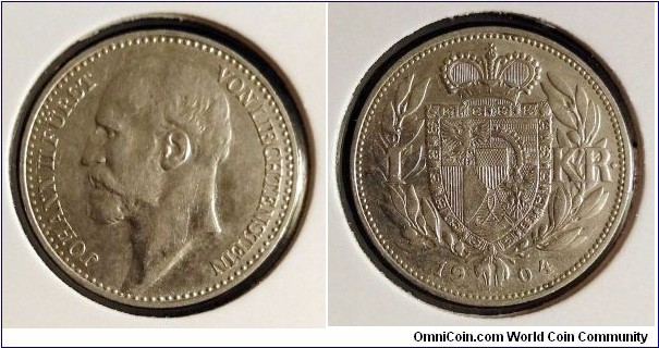 Liechtenstein 1 krone. 
1904, Johann II. Ag 835. Weight; 5g. Diameter; 23mm. Mintage: 75.000 pcs.