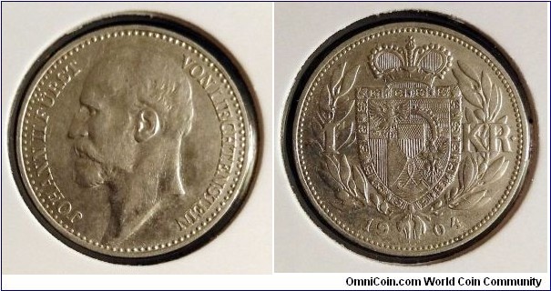 Liechtenstein 1 krone. 
1904, Johann II. Ag 835. Weight; 5g. Diameter; 23mm. Mintage: 75.000 pcs.