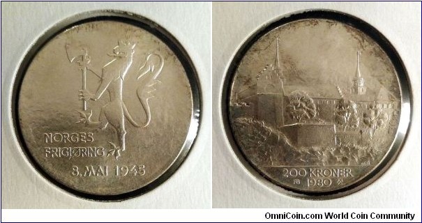 Norway 200 kroner.
1980, 35th Anniversary of Liberation. Ag 625. Weight; 26,8g. Diameter; 36mm. Mintage: 298.399 pcs.