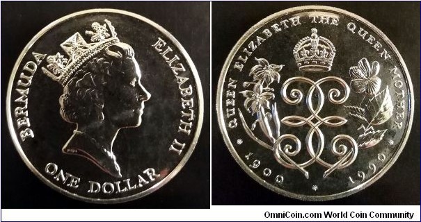 Bermuda 1 dollar.
1990, 90th Anniversary of the Birth of the Queen Mother. Cu-ni.  Mintage: 5.000 pcs.