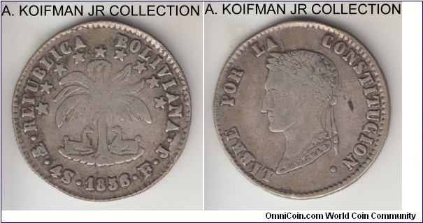 KM-123.2, 1856 Bolivia 4 soles, Potosi mint (PTS mint mark in monogram), F.J. mint master; silver, reeded and lettered edge; this die may have had reverse R substituted for B in LIBRE, otherwise typically crude strike of the period in good fine to about very fine grade, minor lamination, 8 and 6 in the date re-cut, 6 possibly over 5.