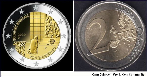 2 Euro German-Polish reconciliation German Chancellor Willy Brandt laid a wreath at the memorial for the Warsaw Ghetto Uprising Mint mark D