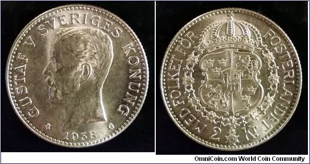 Sweden 2 kronor. 1938, Gustav V. Ag 800. Weight; 15g. Diameter; 31mm. Mintage: 638.970 pcs.
