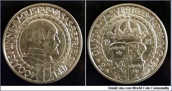 Sweden 2 kronor. 1921, Gustav V. 400th Anniversary of Gustaf Vasa's Liberation War. Ag 800. Weight; 15g. Diameter; 31mm. Mintage: 265.943 pcs.
