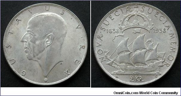 Sweden 2 kronor.
1938, Gustav V. 300th Anniversary of the founding of New Sweden Settlement in Delaware. Ag 800. Weight; 15g. Diameter; 31mm. Mintage: 508.815 pcs.