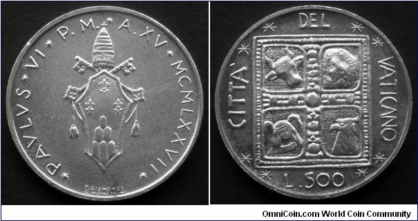 Vatican 500 lire. 1977, Pontif. Paulus VI. Book of the Evangelists. Ag 835. Weight; 11g. Diameter; 29,3mm. Mintage: 160.000 pcs.