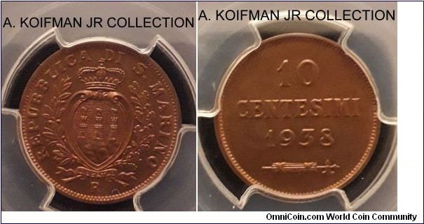 KM-13, 1938 San Marino 10 centesimi, Rome mint (R mint mark); bronze, plain edge; last year of the type, PCGS graded MS66+RB.
