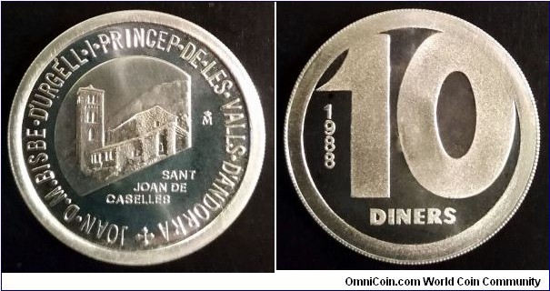 Andorra 10 diners. 1988, Andorran Romanesque - Sant Climent de Pal. Ag 925. Weight; 8g. Diameter; 28mm. Mintage: 5.000 pcs.