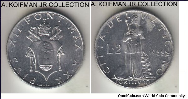 KM-50, 1958 Vatican 2 lire; aluminum, reeded edge; Year XX of Pius XII, smaller 30,000 mintage coin, average uncirculated, some usual aluminum rust on reverse.