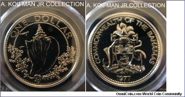 KM-65, 1977 Bahamas dollar, Franklin mint (FM mint mark); copper-nickel, reeded edge, brillaint uncirculated finish; PCGS graded PL66, mintage 713 in sets.