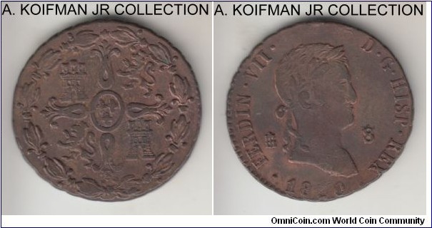 KM-482.1, 1820 Spain (Kingdom) 8 maravedis, Segovia mint (aqueduct mint mark); copper, corded edge; Ferdinand VII, nice grade, extra fine or so despite being struck with rusted dies that had clogged 3'rd digit of the date and some other parts, reverse is almost uncirculated.