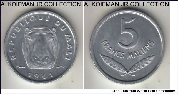 KM-2, 1961 Mali franc, Kremniza (Czechoslovakia) mint; aluminum, plain edge; 1-year first independence issue, uncirculated.