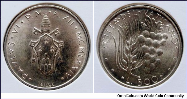 Vatican 500 lire. 1974, Pontif. Paulus VI. Ag 835. Weight; 11g. Diameter; 29,3mm. Mintage: 145.000 pcs.