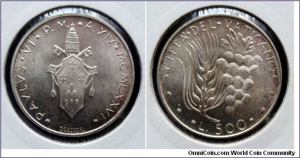 Vatican 500 lire. 1976, Pontif. Paulus VI. Ag 835. Weight; 11g. Diameter; 29,3mm. Mintage: 162.000 pcs.