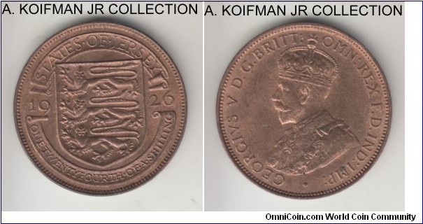 KM-13, 1926 Jersey 1/24'th of a shilling; bronze, plain edge; George V, second type, mostly red uncirculated.