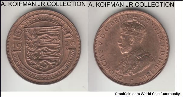 KM-13, 1926 Jersey 1/24'th of a shilling; bronze, plain edge; George V, second type, brown uncirculated.