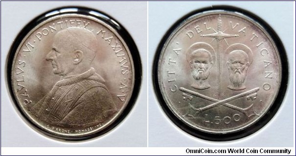 Vatican 500 lire. 1967, Pontif. Paulus VI. Ag 835. Weight; 11g. Diameter; 29,3mm. Mintage: 110.000 pcs.