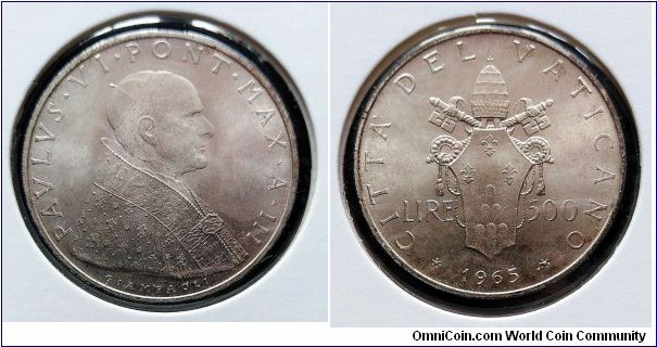 Vatican 500 lire. 1965, Pontif. Paulus VI. Ag 835. Weight; 11g. Diameter; 29,3mm. Mintage: 70.000 pcs.
