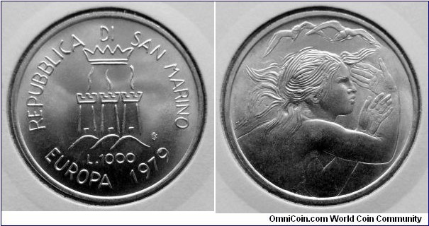 San Marino 1000 lire. 1979, European Unity. Ag 835. Weight; 14,6g. Diameter; 31,4mm. Mintage: 125.000 pcs.
