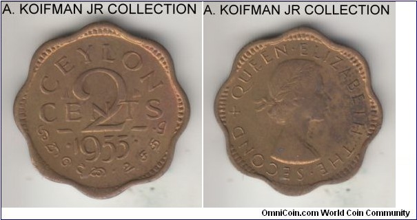 KM-124, 1955 Ceylon 2 cents; brass, scalloped flan, plain edge; Elizabeth II, short 2-year type, red reverse and red brown obverse on this uncirculated coin.