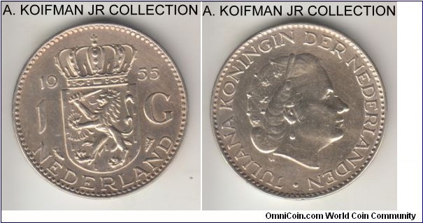 KM-184, 1955 Netherlands gulden; silver, lettered edge; Juliana, almost uncirculated details, lightly wiped.