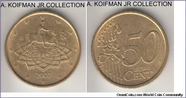 KM-215, 2002 Italy 20 euro cents, Rome mint (R mint mark); nordic gold, plain edge with indentations; first euro coinage, almost uncirculated.
