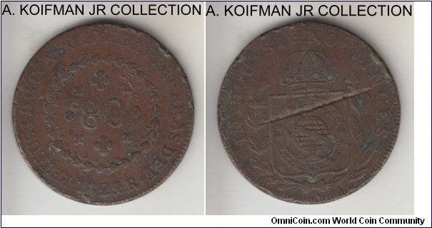 KM-366.1, 1824 Brazil Colony 80 reis, Rio mint; copper, reeded edge; Pedro I, large copper crown, scarce original for many were counterstamped, very fine details for wear, but some edge bruising as expected from circulation and a deep strike across obverse.