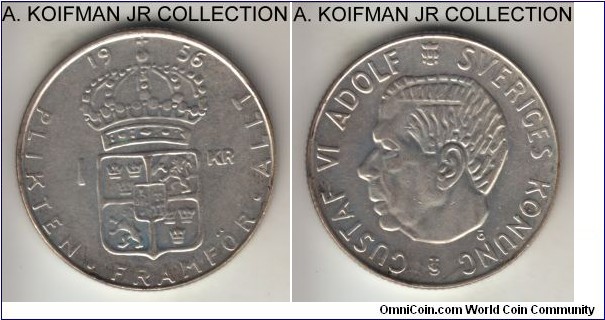 KM-826, 1956 Sweden krona; silver, reeded edge; Gustaf VI, average almost uncirculated and weakly struck.