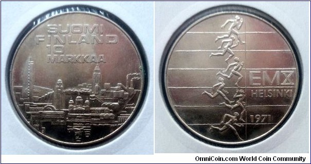 Finland 10 markkaa. 1971, 10th European Athletic Championships - Helsinki 1971. Ag 500. Weight; 24,2g. Diameter; 35mm. Minage: 1.000.000 pcs.