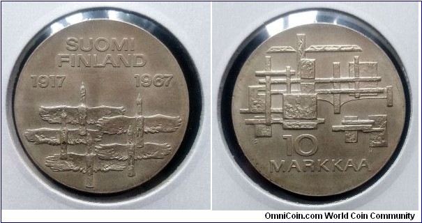 Finland 10 markkaa. 1967, 50th Anniversary of Independence. Ag 900. Weight; 24g. Diameter; 35mm. Mintage: 1.000.000 pcs.