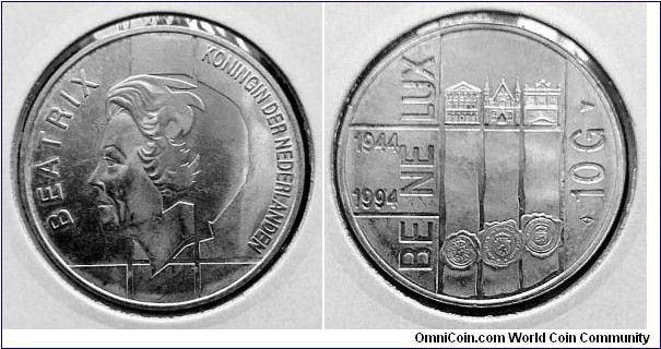 Netherlands 10 gulden. 1994, 50th Anniversary of BE-NE-LUX Treaty. Ag 720. Weight; 15g. Diameter; 33mm. Mintage: 2.000.000 pcs.