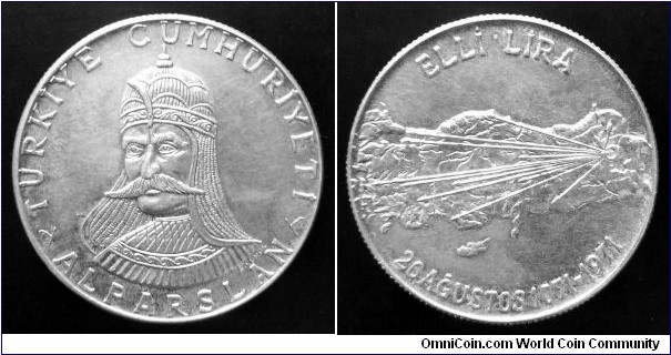 Turkey 50 lira. 1971, 900th Anniversary of the Battle of Malazgirt. Ag 830. Weight; 19g. Diameter; 34mm.