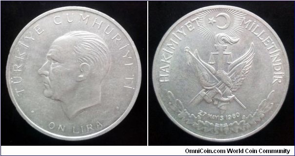 Turkey 10 lira. 1970, 27 May 1960 Revolution. Ag 830. Weight; 15g. Diameter; 34mm.