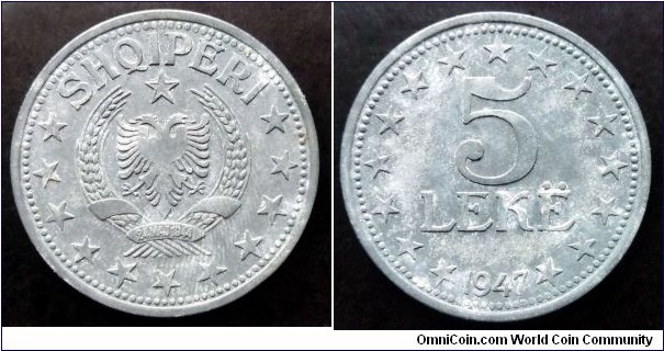 Albania 5 leke. 1947, Albanian zinc coins with date 1947  are scarcer than 1957 issue.