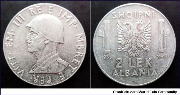 Albania 2 lek.
1939, Italian occupation.