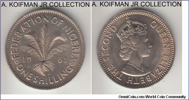 KM-5, 1961 Federation of Nigeria shilling; copper-nickel, security reeded edge; Elizabeth II, short lived pre-independence coinage, bright uncirculated.