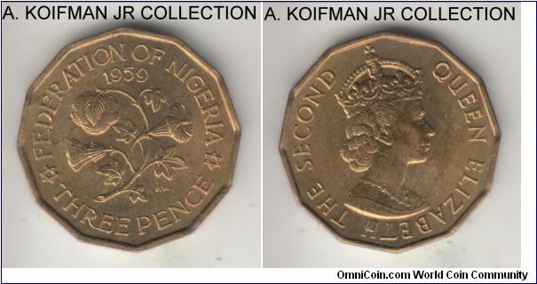 KM-3, 1959 Federation of Nigeria 3 pence; nickel-brass, 12-sided flan, plain edge; Elizabeth II, short lived pre-independence coinage, mostly red uncirculated.