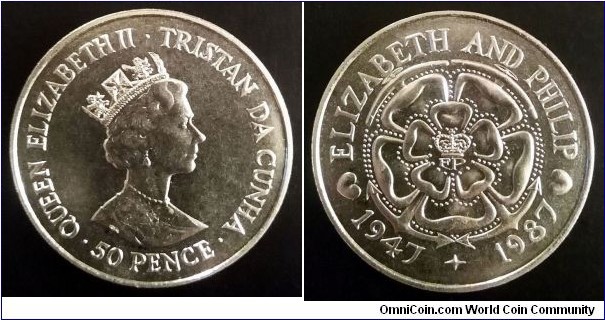 Tristan da Cunha 50 pence. 1987, 40th Wedding Anniversary of Queen Elizabeth and Prince Philip.