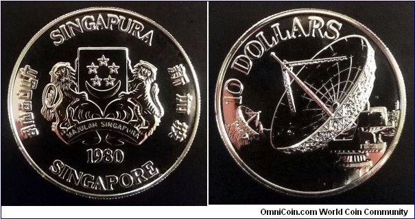 Singapore 10 dollars. 1980, Satelitte communication. Nickel. Weight; 28g.  Diameter; 40,7mm. 