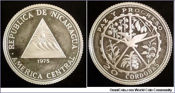Nicaragua 20 córdobas. 1975, Peace and Progress -  Earthquake Relief Issue. Ag 925. Weight; 5,03g. Diameter; 22mm. Proof. Mintage: 1.750 pcs.