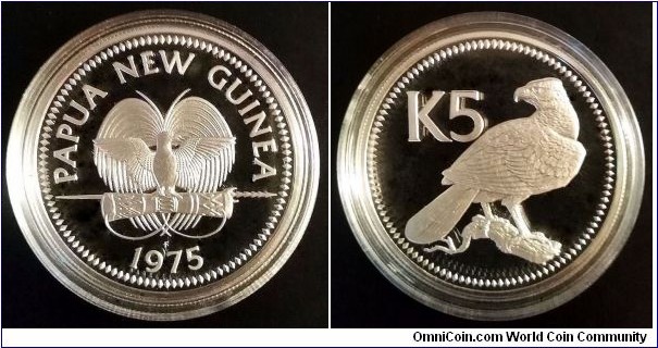 Papua New Guinea 5 kina. 1975, Proof from Franklin Mint. Ag 500. Weight; 27,6g. Diameter; 40mm. Mintage: 67.000 pcs.