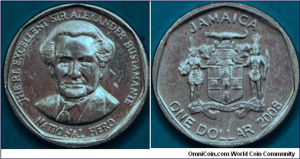 1 dollar, with Sir Alexander Bustamante, Nickel clad steel, 18.5 mm