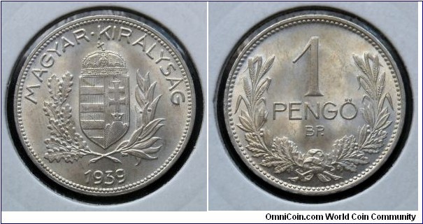 Hangary 1 pengő. 1939, Ag 640. Weight; 5g. Diameter; 22,88mm. Mintage: 13.000.000 pcs. 