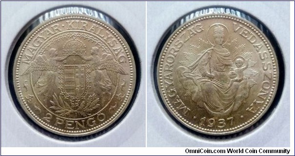 Hungary 2 pengő. 1937, Ag 640. Weight; 10g. Diameter; 27mm. Mintage: 1.500.000 pcs.